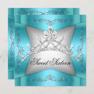 Sweet Sixteen Sweet 16 Teal Blue Silver Tiara Invitation