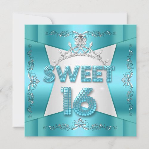 Sweet Sixteen Sweet 16 Teal Blue Silver Tiara Custom Announcement