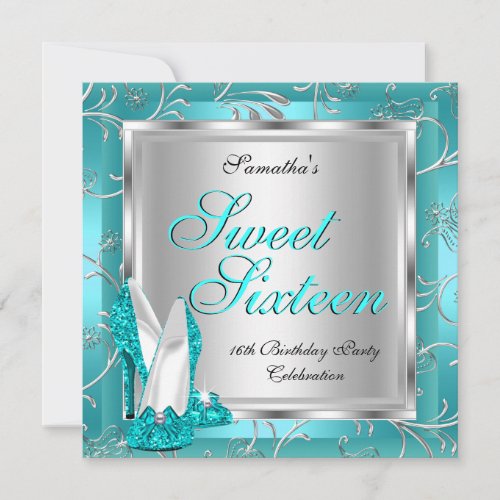 Sweet Sixteen Sweet 16 Teal Blue Silver White Custom Invite