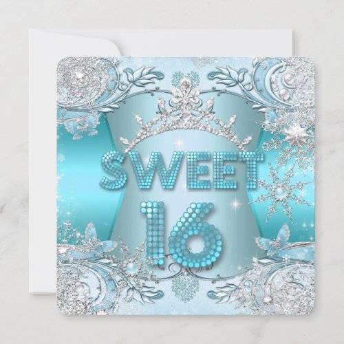 Sweet Sixteen Sweet 16 Teal snowflake Silver Tiara Invitation