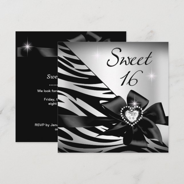 Sweet Sixteen Sweet 16 Zebra Silver Black Invitation (Front/Back)