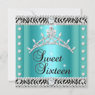 Sweet Sixteen Sweet 16 Zebra Teal Black White Invitation