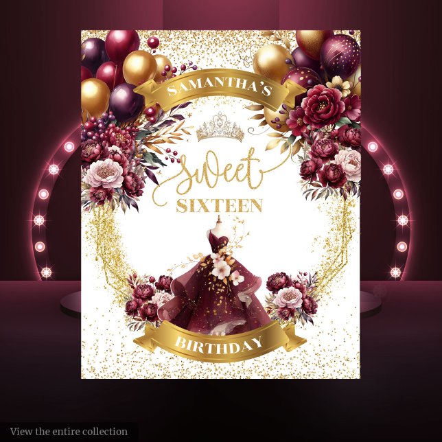 Sweet Sixteen Tapestry Watercolor Burgundy Dress  (Sweet Sixteen Tapestry Watercolor Burgundy Dress Gold)