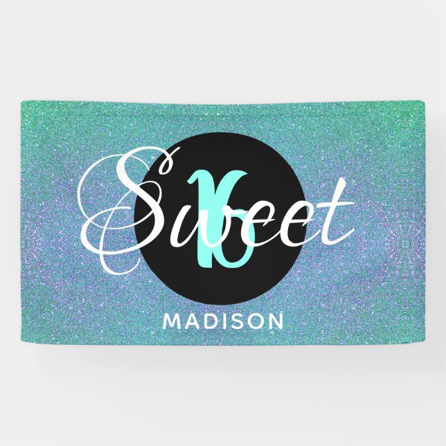 Sweet Sixteen Teal Aqua Glitter Personalized Banner (Horizontal)