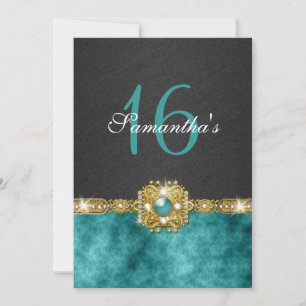 "sweet sixteen" teal black 16 birthday invitation