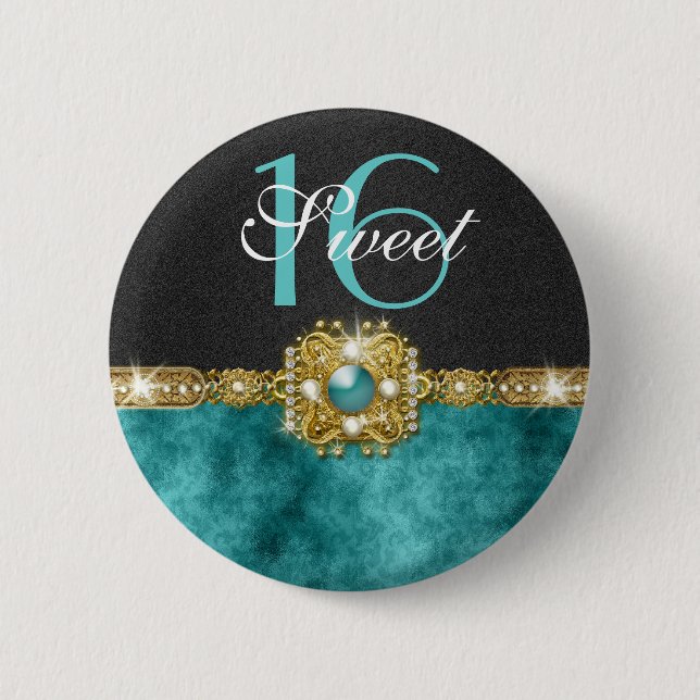 "sweet sixteen" teal black 16 birthday pinback button (Front)