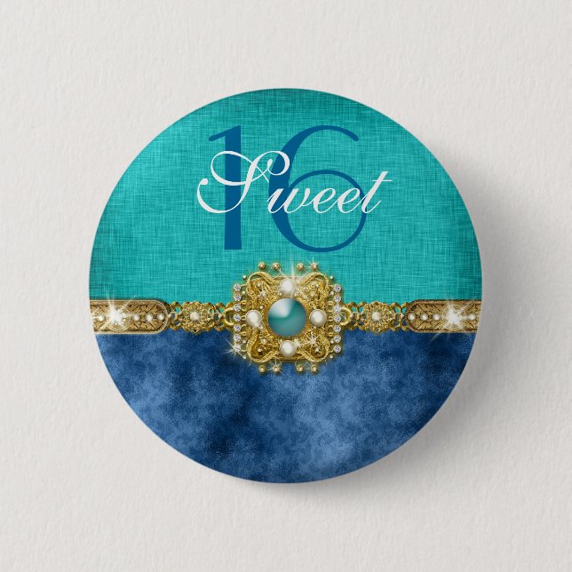 "sweet sixteen" teal blue 16 birthday button (Front)