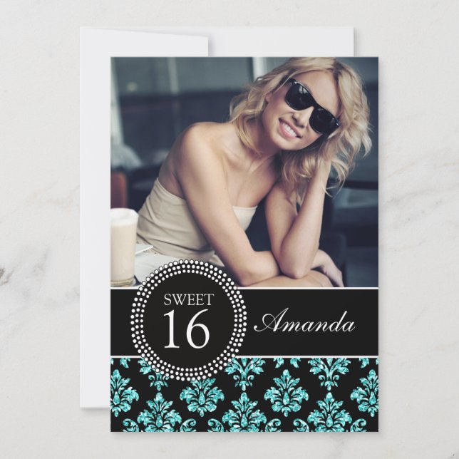 SWEET SIXTEEN, TEAL BLUE GLITTER,  BLACK DAMASK INVITATION (Front)