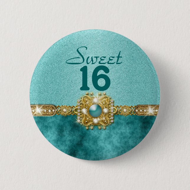 "sweet sixteen" teal gold 16 birthday button (Front)