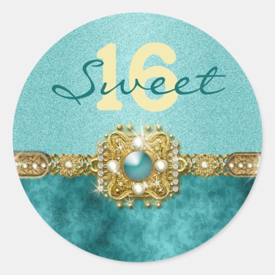 "sweet sixteen" teal gold 16 birthday classic round sticker