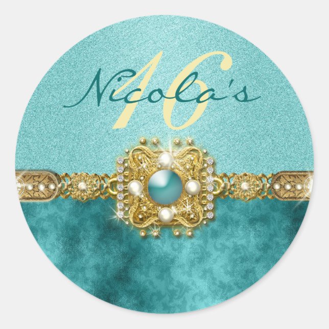 "sweet sixteen" teal gold 16 birthday classic round sticker (Front)