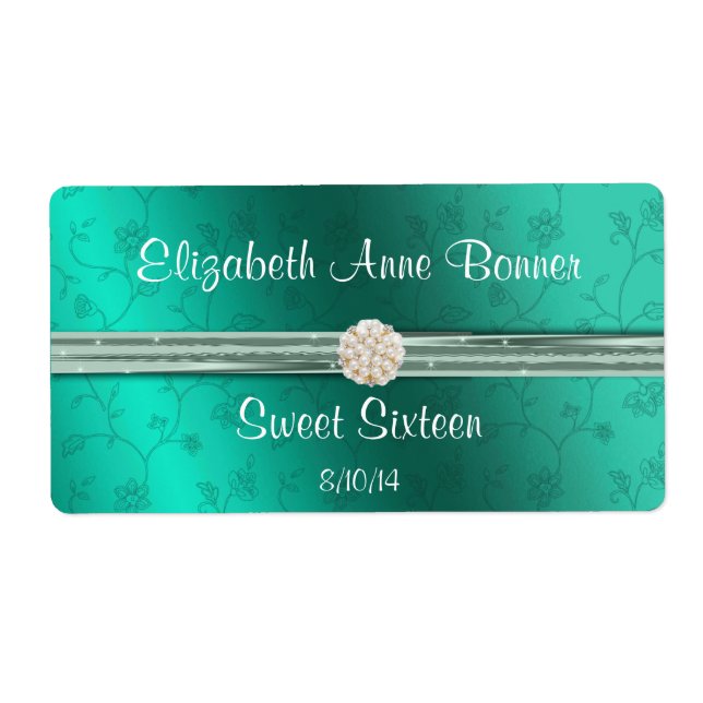 Sweet Sixteen Teal with Pearls Water Bottle Labels (Front)
