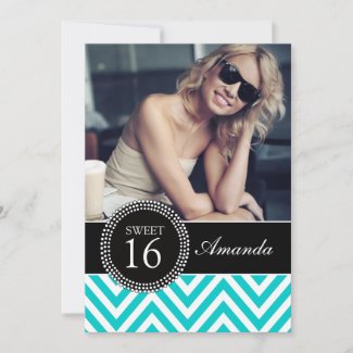 SWEET SIXTEEN TEAL ZIG ZAG CHEVRON PATTERN INVITATION