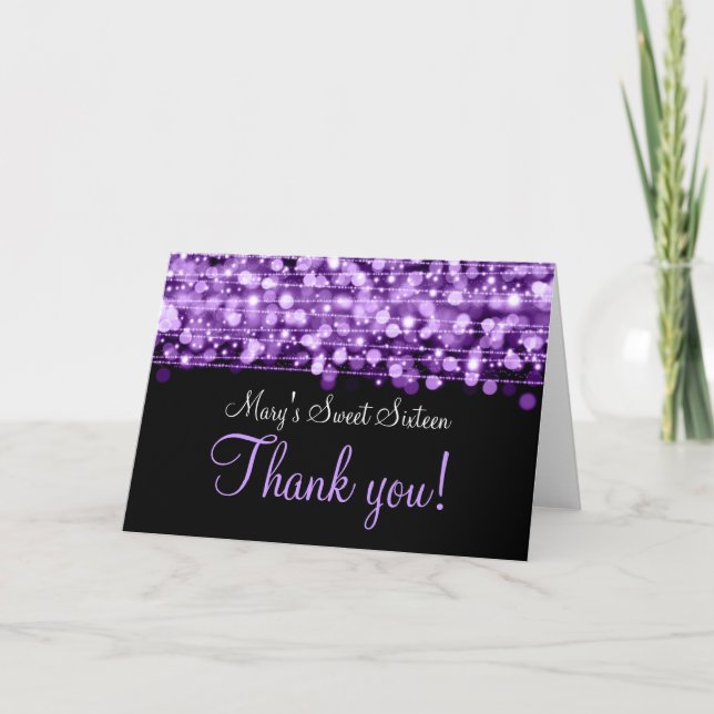 Sweet Sixteen Thank You Party Sparkles Purple Card (Front)