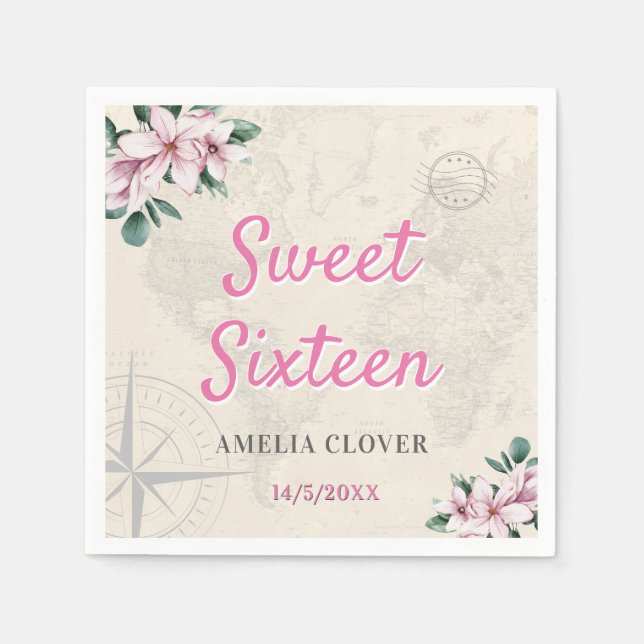 Sweet Sixteen Travel Pink Girl 16th Birthday Party Napkins (Front)