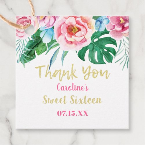 Sweet Sixteen Tropical Floral Pink Gold Thank You Favor Tags