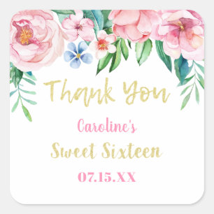 Sweet Sixteen Tropical Floral Pink Gold Thank You Square Sticker