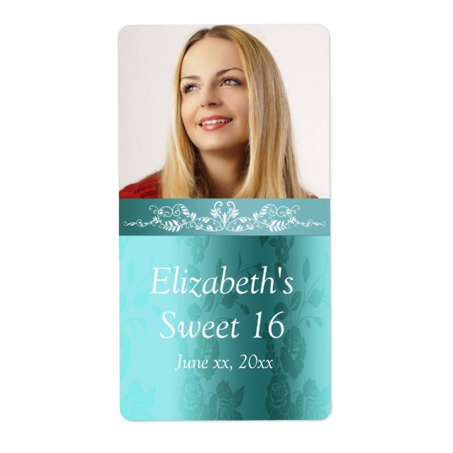 Sweet Sixteen, Turquoise Damask, Custom Label (Front)