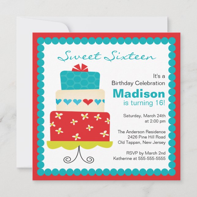 Sweet Sixteen Turquoise & Red Cake Birthday Invite (Front)