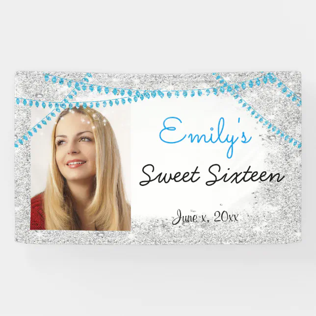 Sweet Sixteen,Turquoise, String Lights, Glitter, Banner | Zazzle
