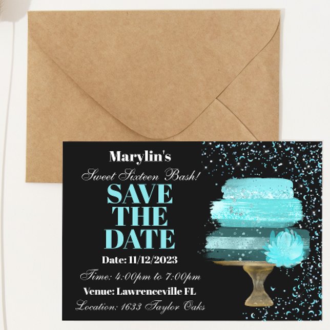 SWEET SIXTEEN TURQUOISE WATERCOLOR CAKE BIRTHDAY SAVE THE DATE (Creator Uploaded)