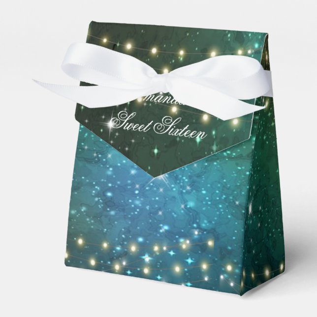 Sweet Sixteen Under the Stars Lights Blue Green Favor Boxes (Front Side)