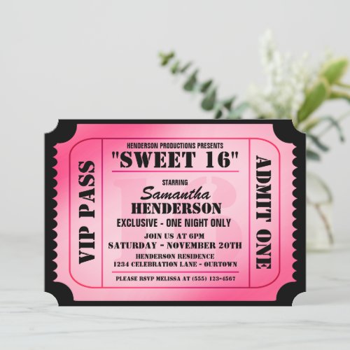 Sweet Sixteen VIP Ticket Style Party Invitations