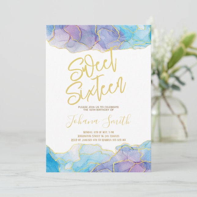Sweet Sixteen Watercolor Blue Gold Birthday Invitation (Standing Front)