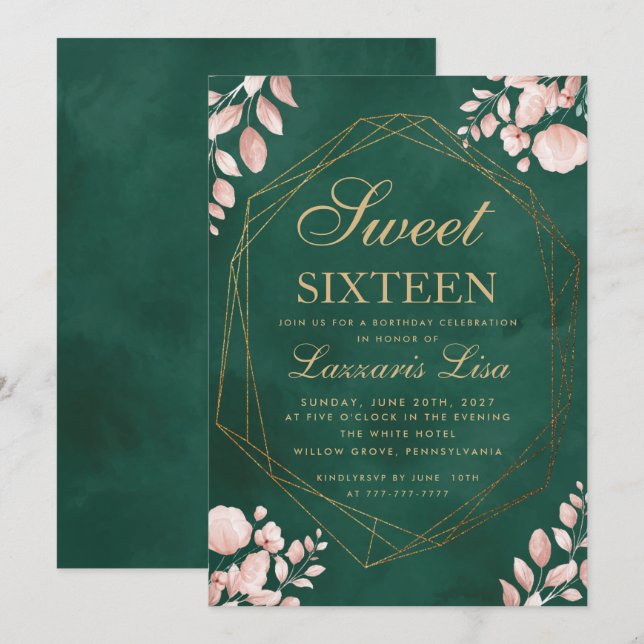 Sweet Sixteen Watercolor Floral Green Birthday Invitation (Front/Back)