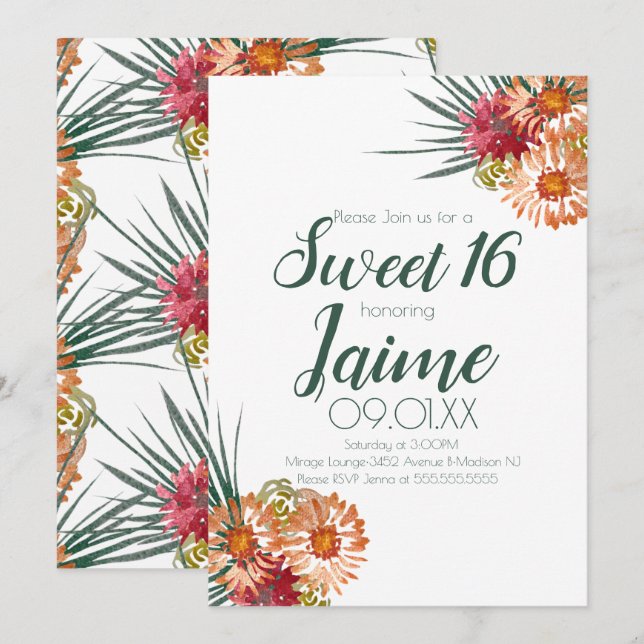 Sweet Sixteen Watercolor Floral Peach Green Invitation (Front/Back)