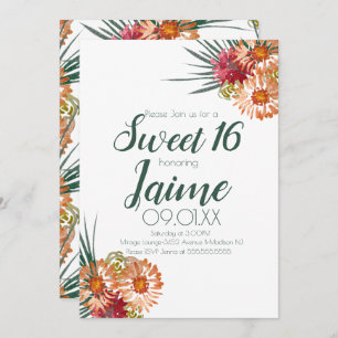 Sweet Sixteen Watercolor Floral Peach Green Invitation
