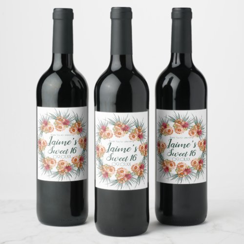 Sweet Sixteen Watercolor Floral Peach Green  Wine Label