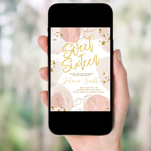 Sweet Sixteen Watercolor Pink Gold Birthday Invitation (Front Digital)