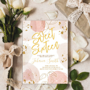 Sweet Sixteen Watercolor Pink Gold Birthday Invitation