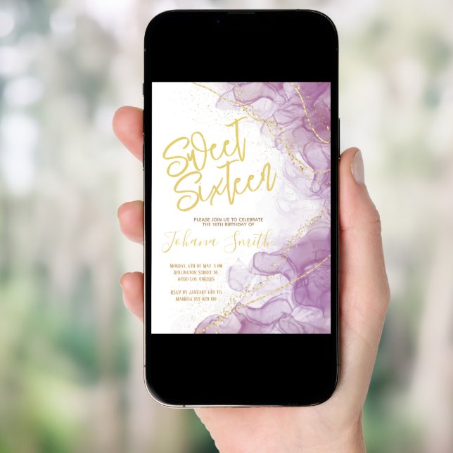 Sweet Sixteen Watercolor Purple Gold Birthday Invitation (Front Digital)