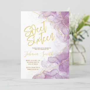 Sweet Sixteen Watercolor Purple Gold Birthday Invitation