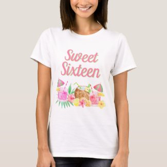Sweet Sixteen Watercolor Tropical Hawaiian Luau T-Shirt