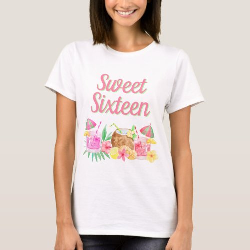Sweet Sixteen Watercolor Tropical Hawaiian Luau T_Shirt