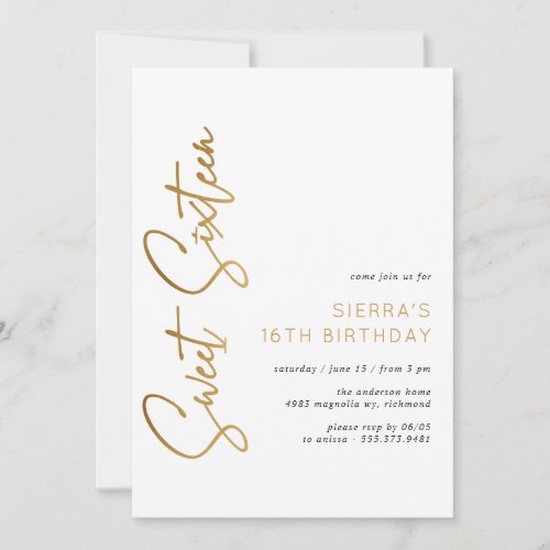 Sweet Sixteen White and Gold Script 16th Birthday