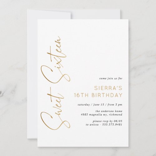 Sweet Sixteen White and Gold Script 16th Birthday Invitation