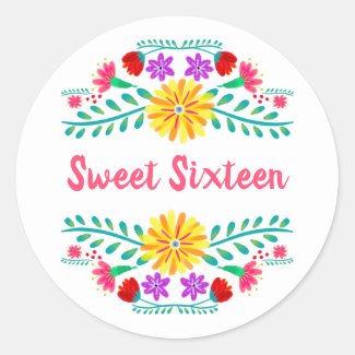 Sweet Sixteen White and Pink Mexican Fiesta Floral Classic Round Sticker