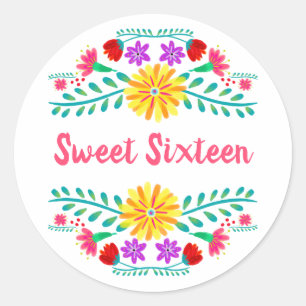 Sweet Sixteen White and Pink Mexican Fiesta Floral Classic Round Sticker