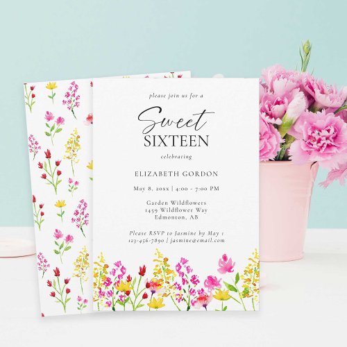 Sweet Sixteen Wildflower Watercolor Script Floral Invitation