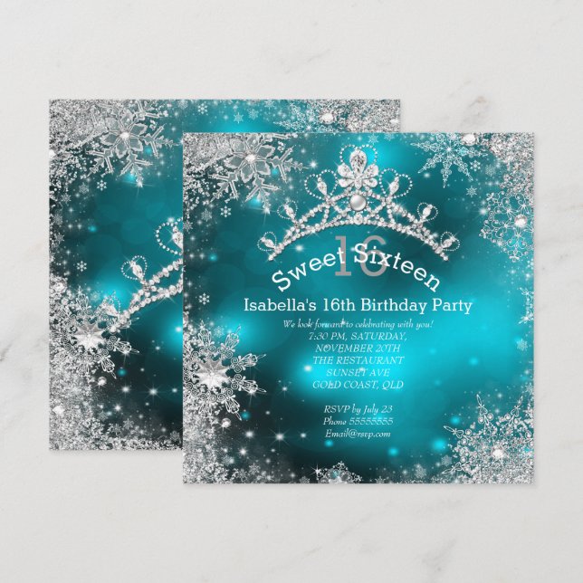 Sweet Sixteen Winter Wonderland Silver Teal Invitation (Front/Back)