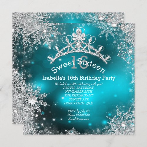 Sweet Sixteen Winter Wonderland Silver Teal Invitation