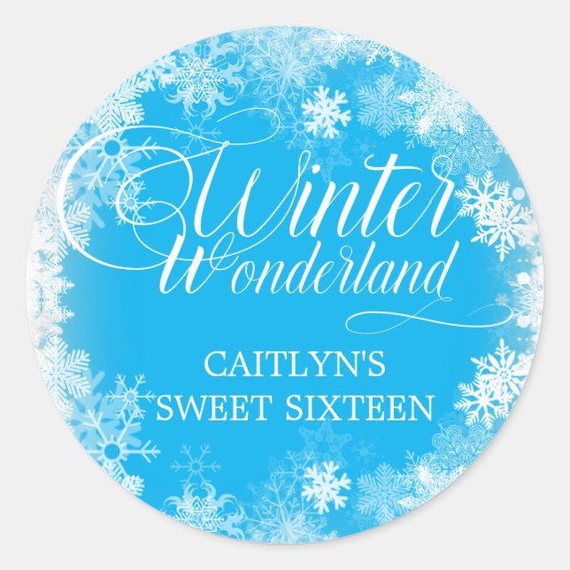 Sweet Sixteen Winter Wonderland Snowflake Favor Classic Round Sticker (Front)