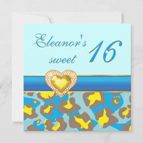 Sweet sixteen yellow blue leopard jewel heart invitation