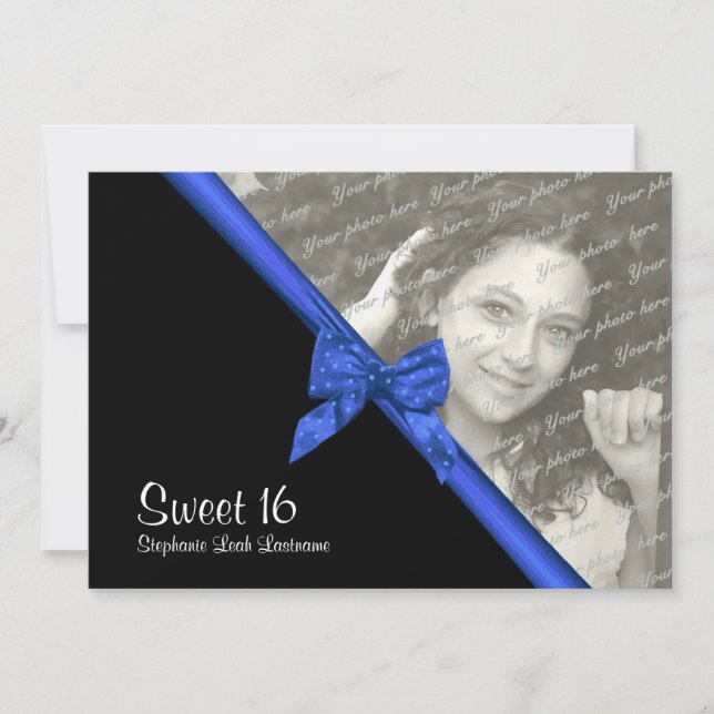 Sweet Sixteen Zebra and Blue Bow with Photo Invitation (Front)