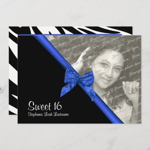 Sweet Sixteen Zebra And Blue Bow With Photo Invitation Zazzle