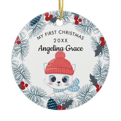 Sweet Skating Cat Baby's 1st Christmas Ceramic Ornament